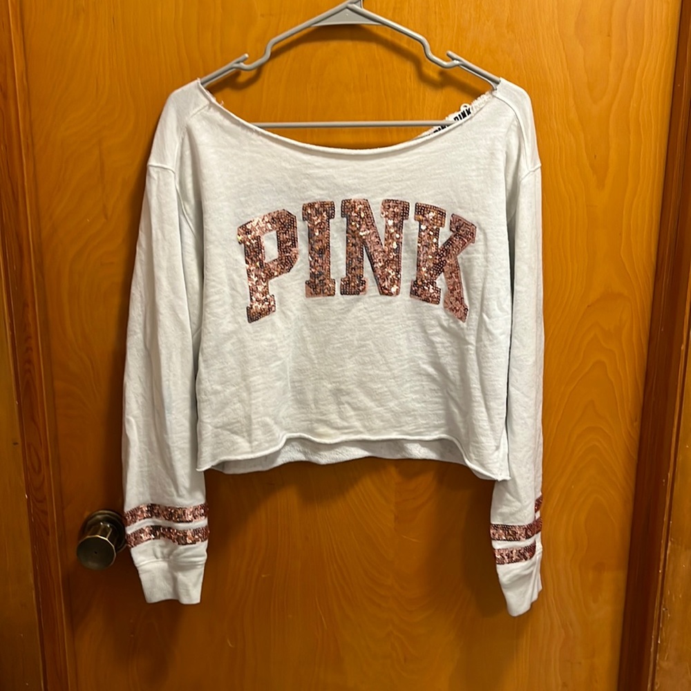 PINK off the shoulder rose gold glitter top 💕